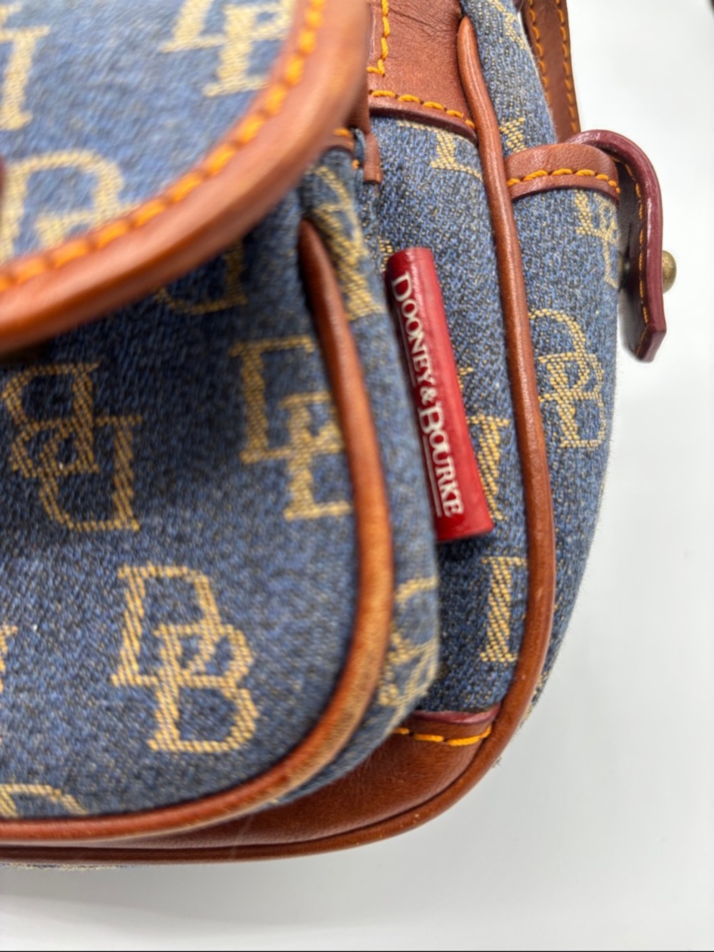 Vintage Dooney & Bourke Blue Logo Denim Banana Bag Brown Leather Trim - Picture 5 of 16